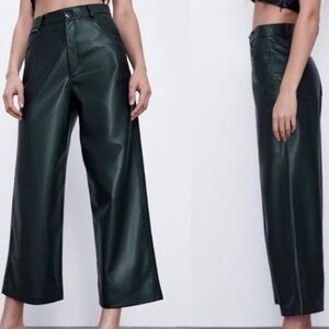 Zara Dark Green Cropped Wide-Leg Faux Leather Pants